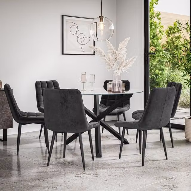 More4Homes Malvern Round Dining Table and 6 Nova Velvet Dining Chairs Set with Clear Glass Top and Black Oak Legs, Diameter: 120 cm, Height: 75 cm – 1