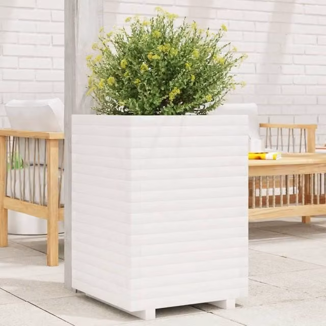 Berkfield Home White Solid Wood Pine Garden Planter Tub W: 50 cm, D: 50 cm, H: 72 cm