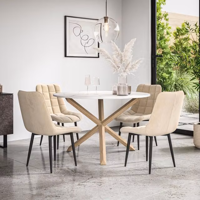 More4Homes Malvern Round Dining Table and 4 Nova Velvet Chairs Set, Marble Top with Solid Oak Legs, Beige and White