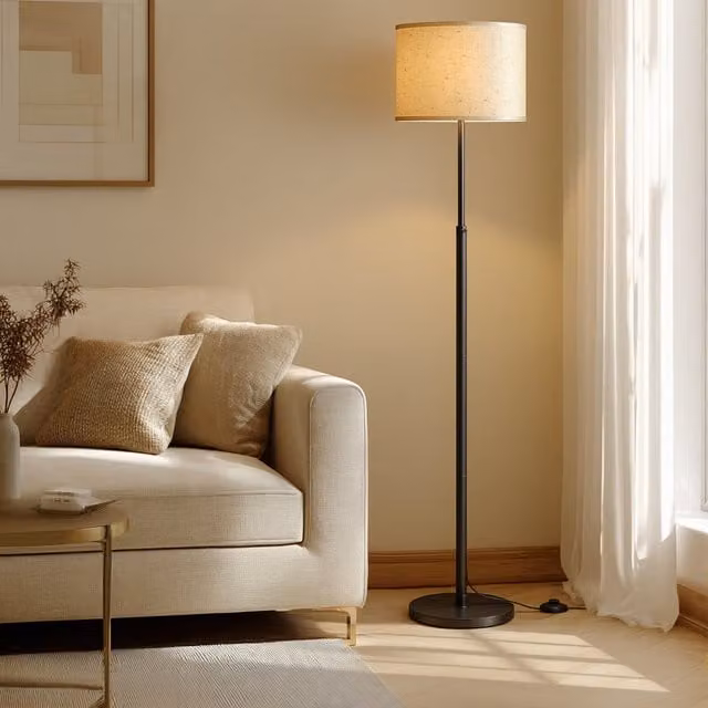 VASAGLE Adjustable Height Fabric Floor Lamp with Foot Switch, E27 Socket, Black