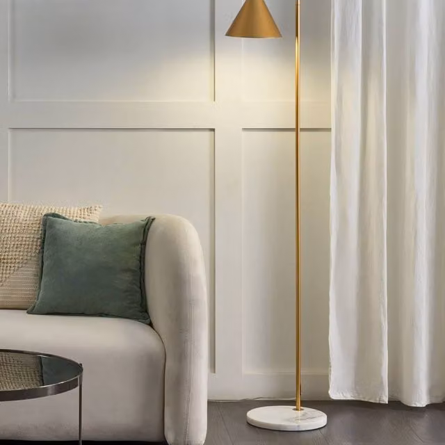 Wyld and Coco Gold Marble Floor Lamp with Cone Shade for Modern Home and Office Lighting