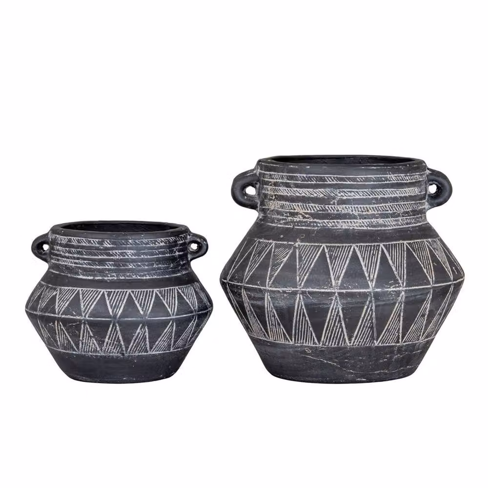 Lemon Pavilion Etched Collection Tall Ceramic Pot with Handle, Black, W: 27 cm, D: 27 cm, H: 24 cm – 3