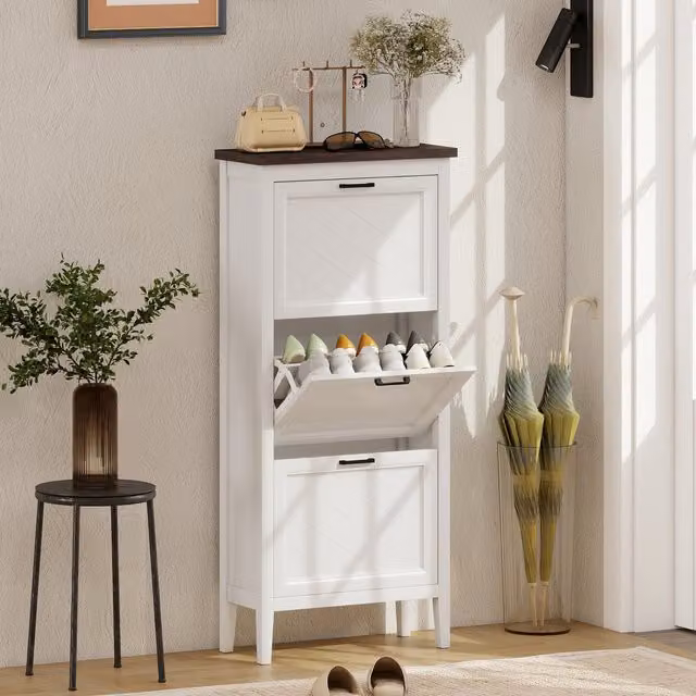 HOMCOM Modern White Shoe Cabinet with 2 Tilting Compartments and Internal Shelves