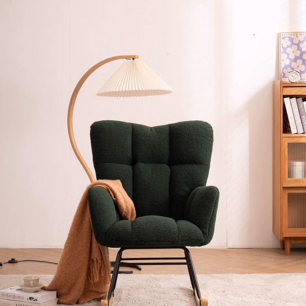 Direct Wicker Modern Teddy Bouclé Fabric Tufted Upholstered Rocking Chair with Armrests in Dark Green – 5