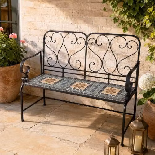 SHATCHI Marrakech 2 Seater Mosaic Garden Bench with Multicolour Geometric Ceramic Tile Seat and Lacquered Metal Frame, W: 112 cm, H: 96 cm, D: 47 cm – 8