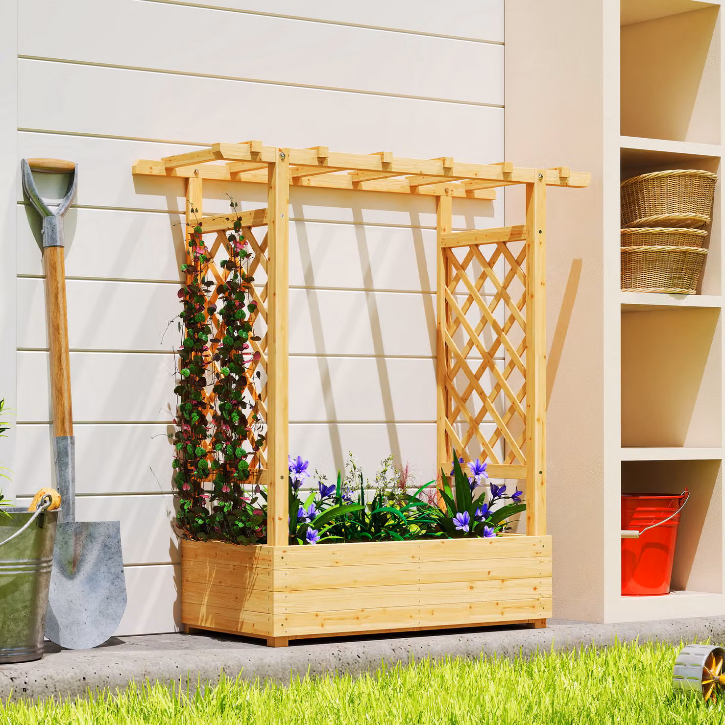 Outsunny Wooden Raised Bed Garden Planter with Trellis in Brown, W/D/H: 110 x 44 x 113 cm – 2