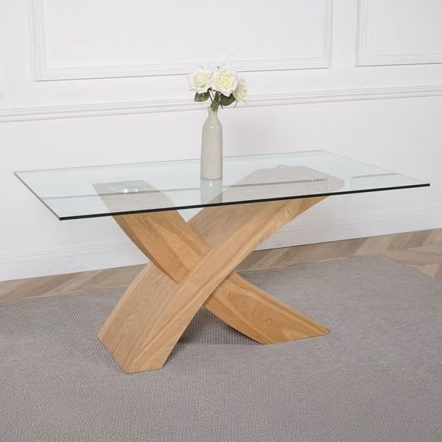 Thats Furniture Valencia X Shape Glass Dining Table in Oak and Transparent Glass, W/D/H: 90 x 90 x 75 cm