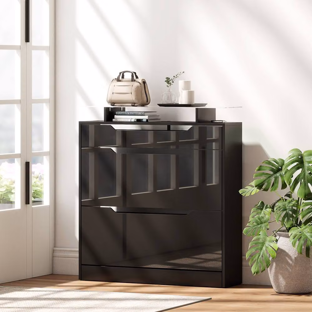 STILVORA Modern Black Shoe Storage Cabinet with Tilting Compartments and Drawer, H 96 x W 89 x D 23 cm – 2