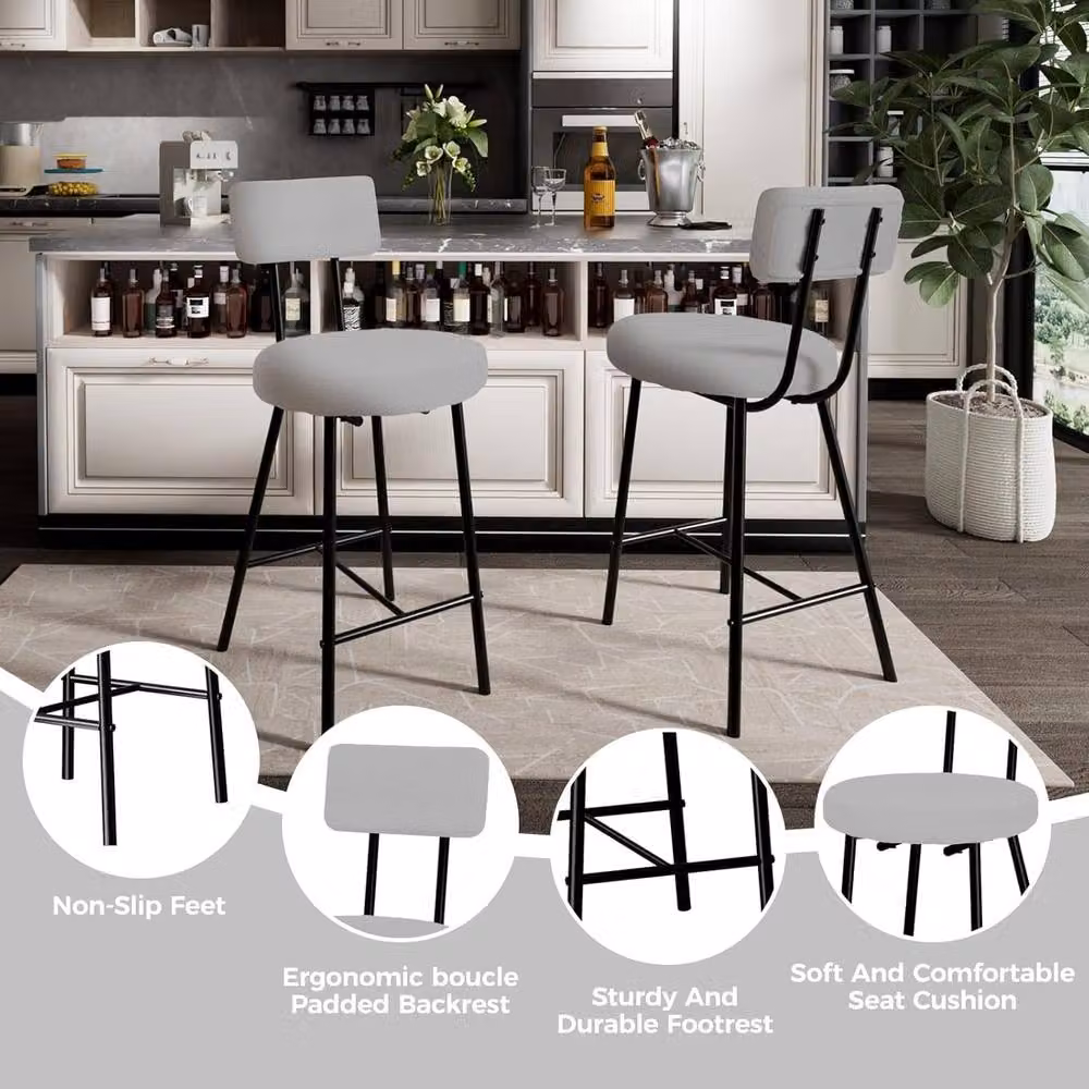 London Boutique Set of 2 Modern Grey Bouclé Fabric Counter Height Bar Stools – 5