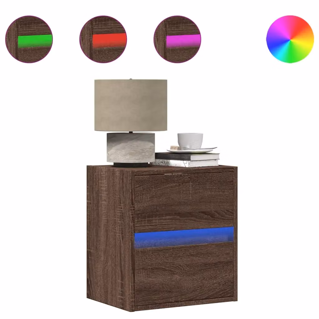 Berkfield Home Wall-mounted Bedside Cabinet with Integrated LED Lights in Brown Oak – 2