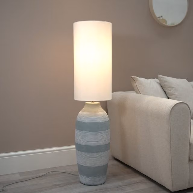 ValueLights Deegan Ceramic Midi Floor Lamp with Fabric Shade and LED Bulb, Grey