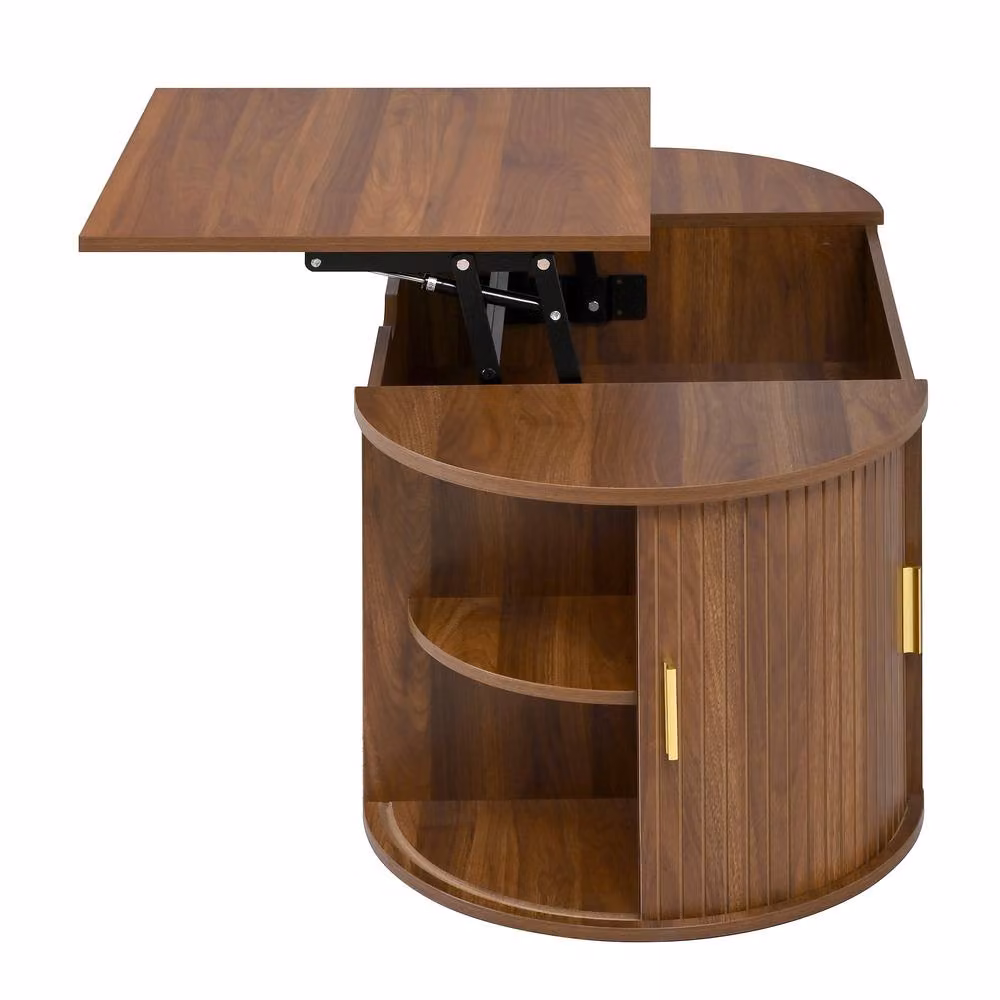 Merax Oval Lift-Top Coffee Table with Sliding Doors and Storage in Walnut – 3