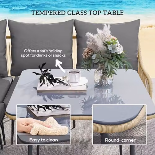 Outsunny 6 Piece L-Shape Rattan Garden Furniture Set with Upholstered Cushions in Brown and Grey – 5