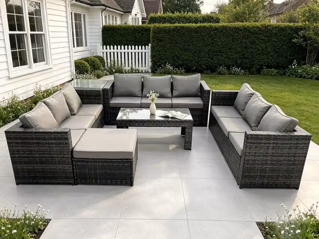 Fimous Dark Grey Rattan Garden Furniture Set with 3-Seater Sofa, Coffee Table and Ottoman – 1