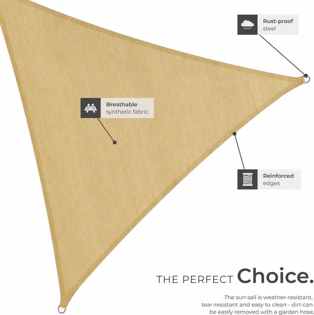 tectake Triangular Shade Sail with UV Protection UPF 50 and Water-Repellent HDPE Material, Beige, 400 x 400 cm