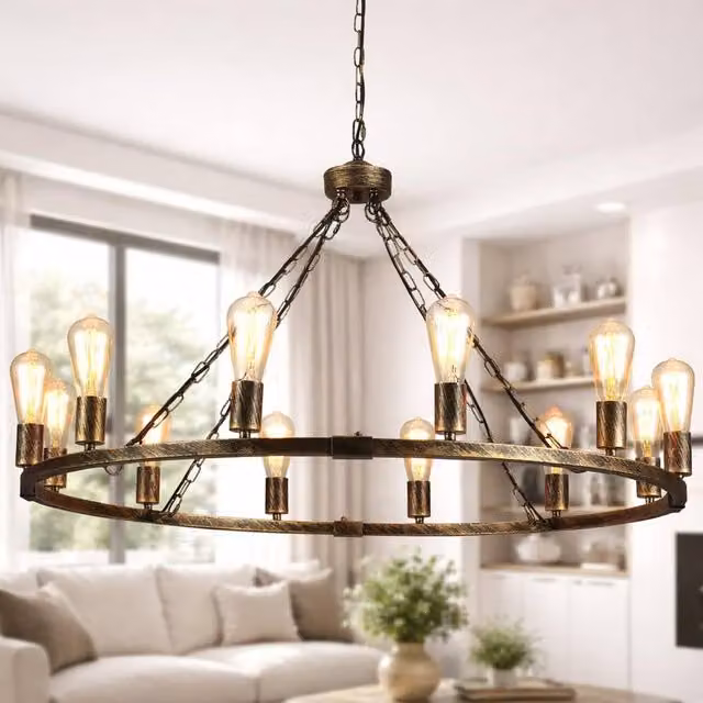 NIVOR Waggon Wheel Kitchen Chandelier, Adjustable Bronze Metal Pendant Light with E27 Dimmable Bulbs – 1