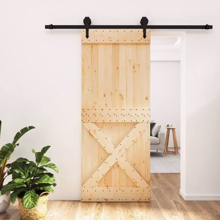 Berkfield Home Rustic Solid Wood Pine Sliding Door with Hardware Set, Brown, W: 85 cm, H: 210 cm