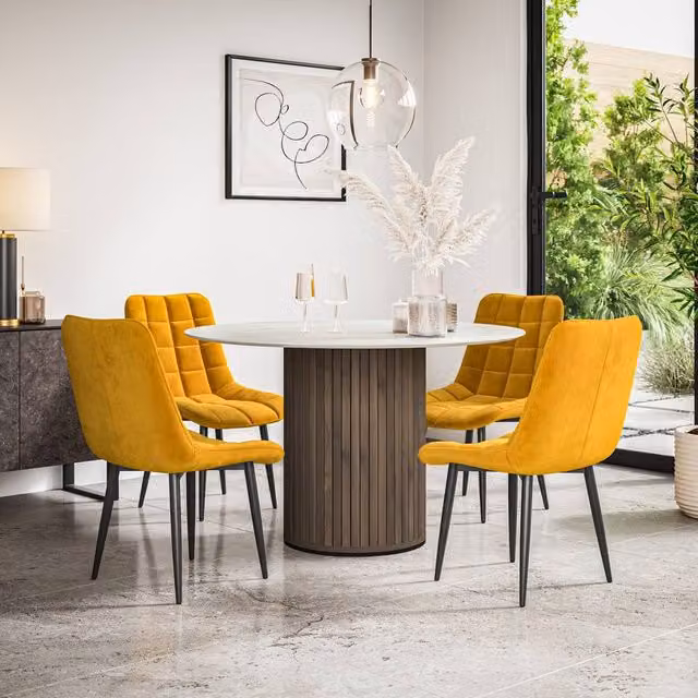 More4Homes Arlo White Marble Top Round Dining Table with Walnut Legs and 4 Nova Mustard Velvet Dining Chairs, W/D/H: 120 x 120 x 75 cm – 1