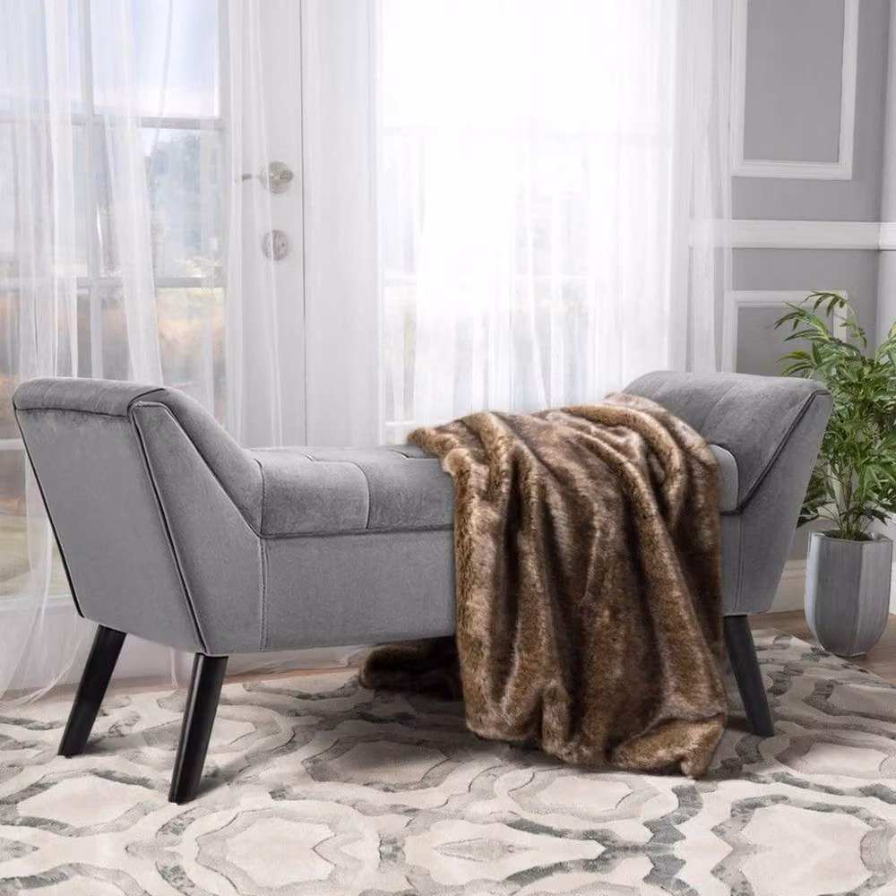 Kelvenix Grey Velvet Tufted Upholstered Bench Bed with Oak Wood Frame – 3