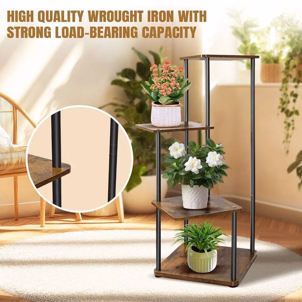 KORVIXA Industrial Metal and Wood Plant Stand in Brown, W/D/H: 80.5 x 30.0 x 53.0 cm – 4