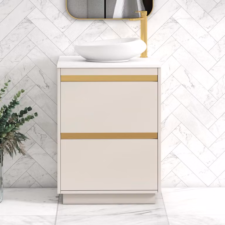 Royal Bathrooms Orion 600mm Warm Taupe Floor Standing Vanity Unit with Nova Basin and Brushed Brass Accent Trim