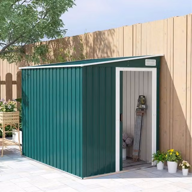 Outsunny Green Metal Lean-to Garden Tool Storage Shed with Foundation