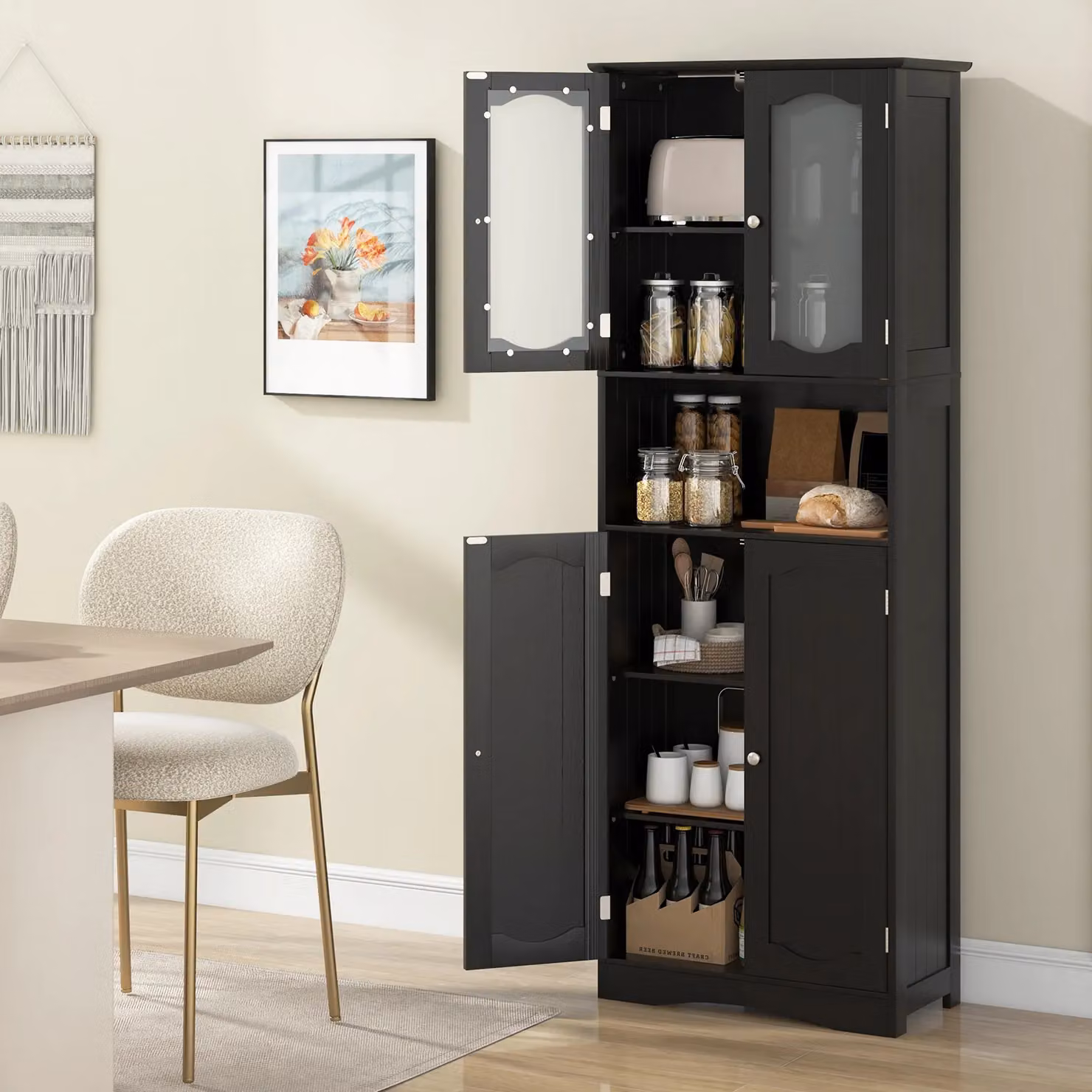 Costway Tall Freestanding Bathroom and Kitchen Storage Cabinet with Tempered Glass Doors in Black – 5