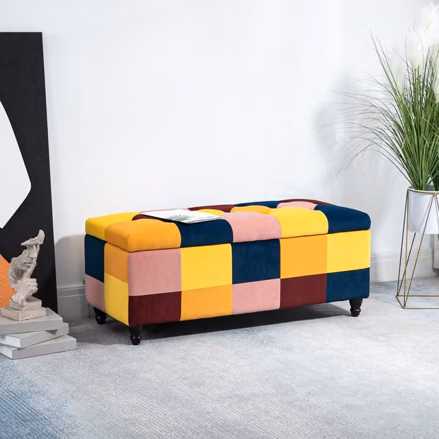 HOMCOM Multicoloured Geometric Storage Ottoman with Removable Lid and Upholstered Fabric Frame