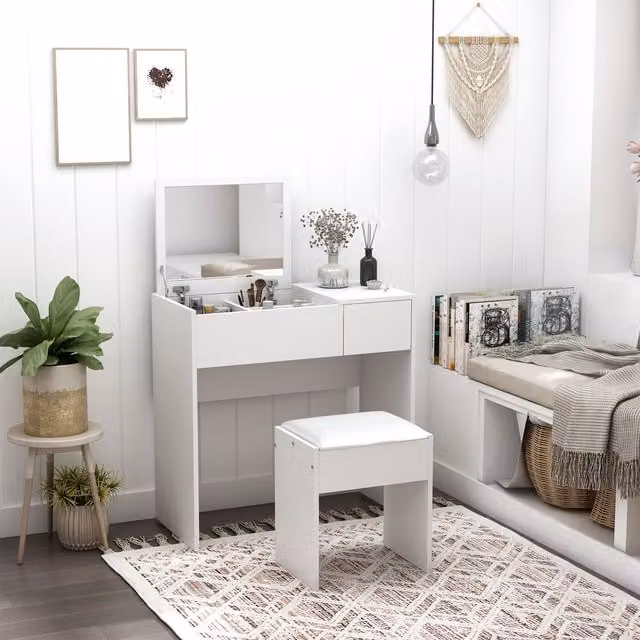 HOMCOM Modern White Dressing Table Set with Flip-up Mirror and Storage Drawer – 2