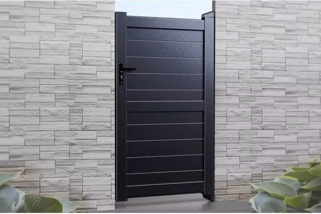 Ready Made Black Pedestrian Swing Gate with Horizontal Solid Infill and Flat Top, W/H: 90 x 200 cm