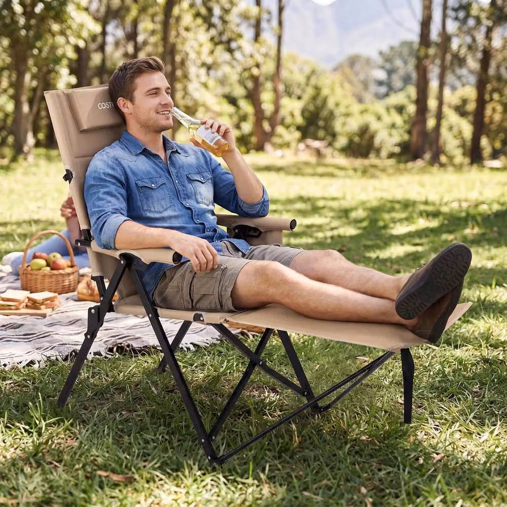 Costway 2-in-1 Reclining Camping Chair with Footrest and Adjustable Headrest in Beige – 2