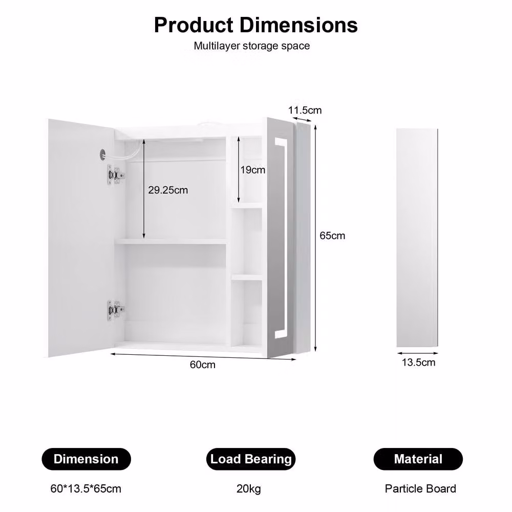 KEEPREAPER White 2-Door LED Bathroom Mirror Cabinet with Shaver Socket and Anti-Fog Function, W: 60 cm, H: 65 cm – 2