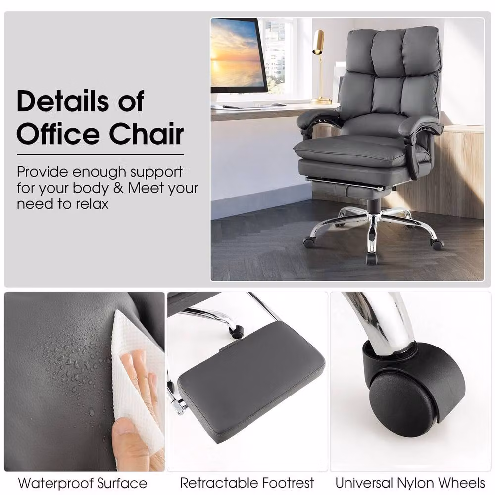 Costway Modern Grey Synthetic Leather Office Chair with Retractable Footrest and Headrest – 4