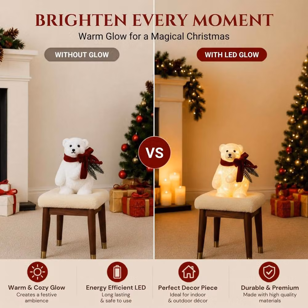 Shatchi Battery Operated Warm White LED Polar Bear Christmas Decoration, White and Red, Height: 20 cm – 5