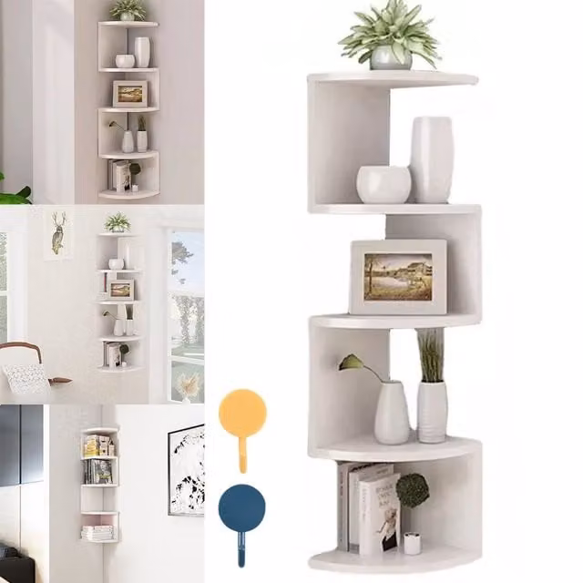 SPETLEK 5 Tier White Wooden Floating Corner Wall Mounted Shelves