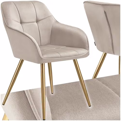 tectake Marilyn Dining Chair with Velvet Fabric and Gold Metal Legs in Taupe/Gold