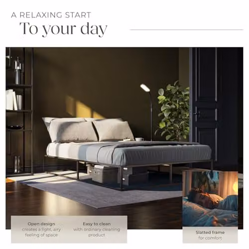 tectake Kyoto Double Bed Frame in Black Metal with Poplar Wood Slats, W/D/H: 140 x 200 x 25.5 cm – 3