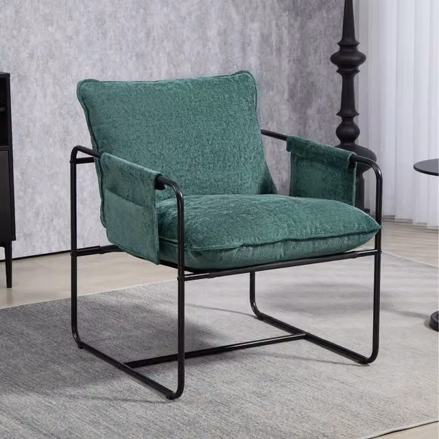 HOMCOM Modern Green Chenille Accent Armchair with Side Pockets and Metal Frame