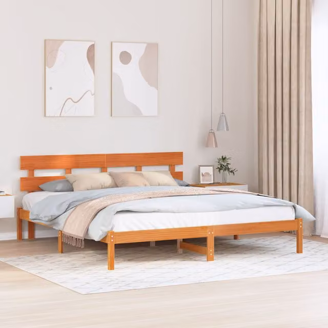 Berkfield Home Solid Wood Pine Bed Frame with Headboard in Wax Brown, 200 x 200 cm – 1
