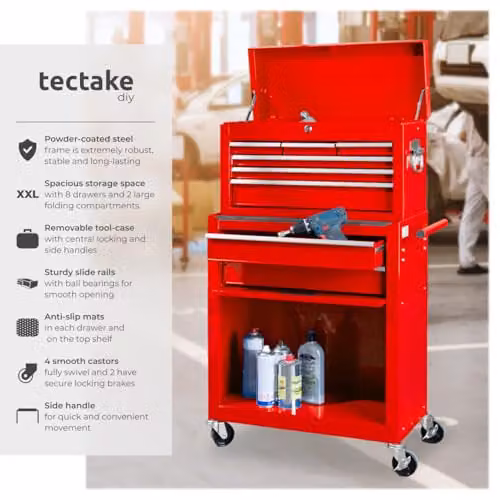 tectake Lockable and Rollable Steel Tool Chest in Red – 4