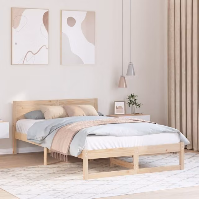 Berkfield Home Solid Pine Wood Bed Frame in Beige, W: 135 cm, L: 190 cm – 1