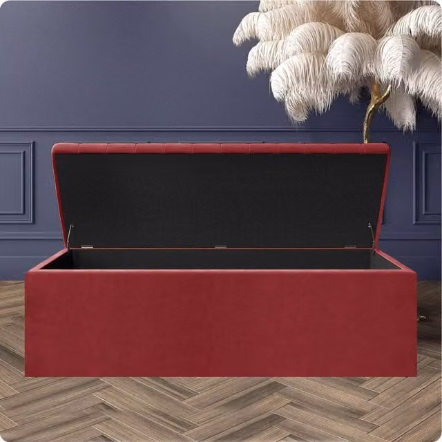 R&M Furnishers Red Striped Plush Velvet Upholstered Blanket Chest and End of Bed Bench