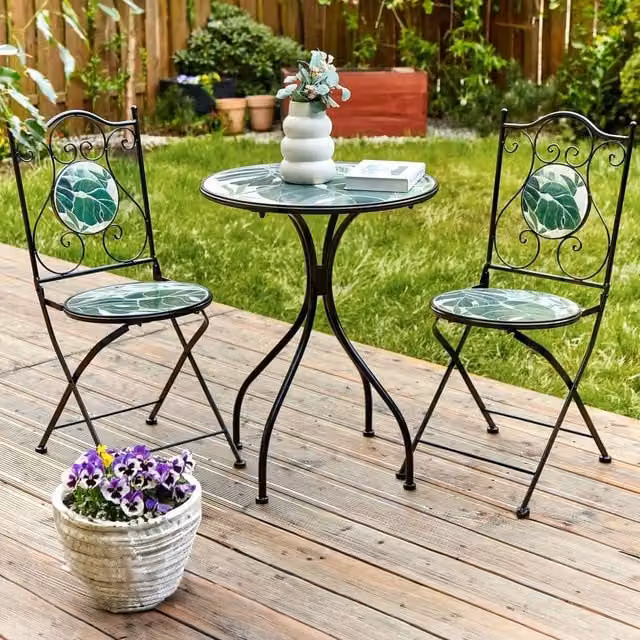Wyld and Coco Set of 2 Black Folding Metal Garden Chairs with Green Ceramic Mosaic Tiles