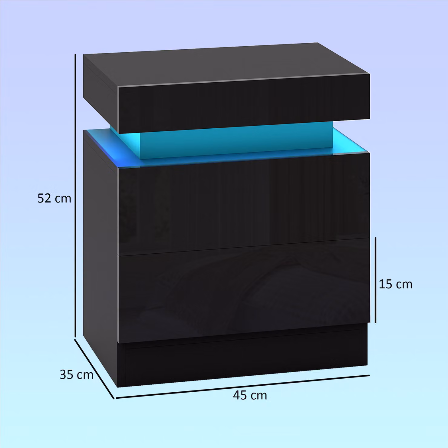 HOMCOM Set of 2 Black High Gloss Bedside Tables with Integrated LED Light and 2 Drawers – 3