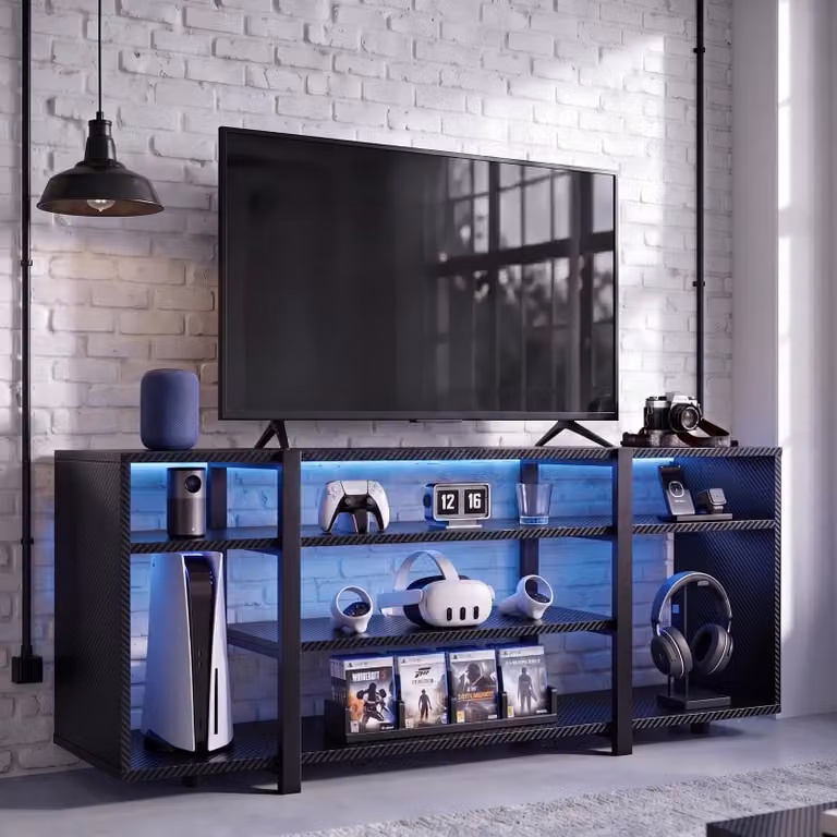 Zelumi Industrial LED TV Stand with Integrated Lighting and Media Compartments, Black, W: 140 cm, D: 31 cm, H: 62 cm