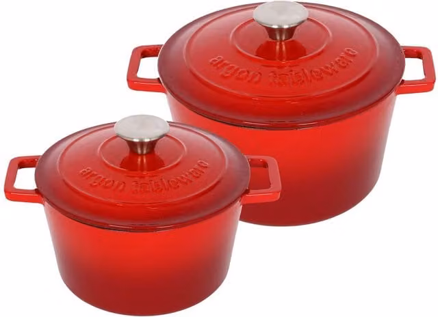 Argon Tableware 2pc Round Cast Iron Casserole Dish Set, 2.8l and 4.5l, Red Ombre