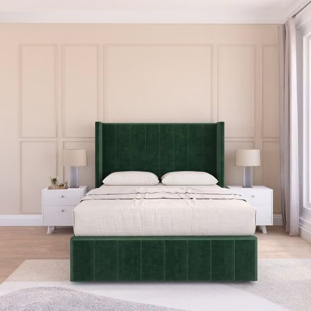 Sloomy Melbourne Upholstered Wingback Bed Set in Emerald Green Plush Velvet, Double Size