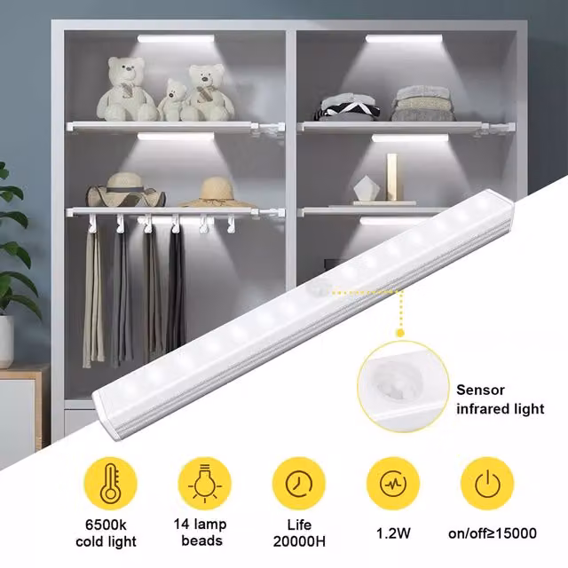 Livingandhome White LED Motion Sensor Wardrobe Light with Rechargeable Battery, 20 cm