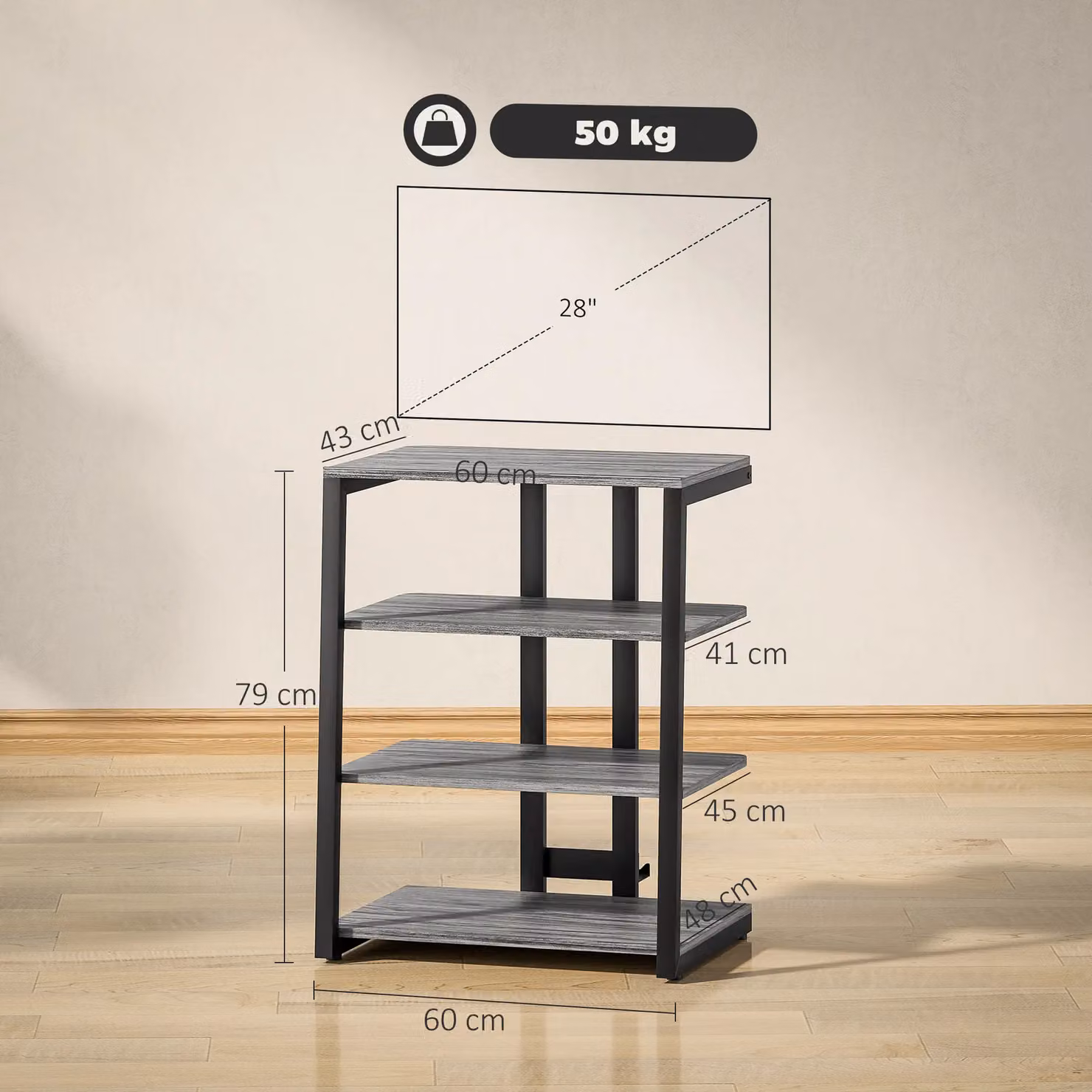 HOMCOM 4-Tier HiFi Media Storage Rack and Record Player Stand in Dark Grey – 3