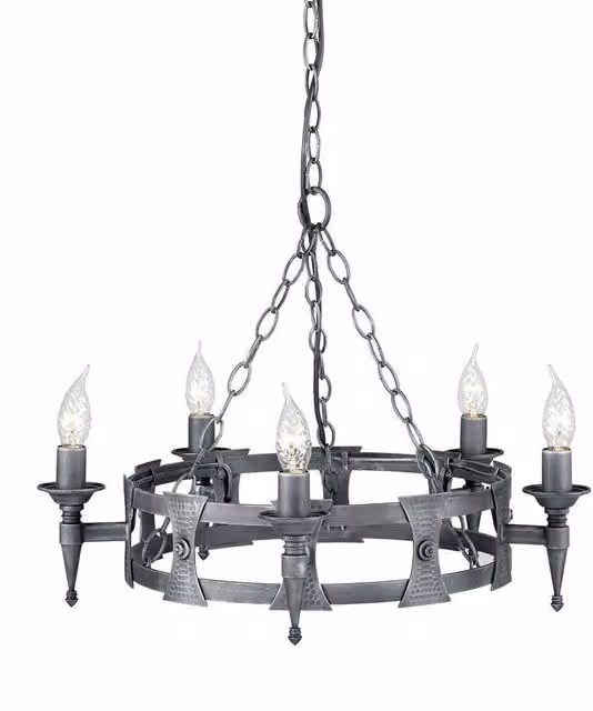Elstead Saxon 5 Light Industrial Chandelier in Black and Silver Metal with E14 Base